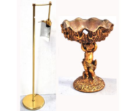 A modern brass anglepoise lamp and a gilded shell planter with cherub support (2).