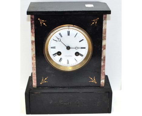 A 19th century slate and marble E. de. Labroue mantel clock, enamelled dial set with Roman numerals, 22cm (af).