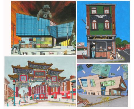 B. HOWDEN; four oils on canvas, an acrylic collage of Shenanigan's pub Liverpool, an acrylic and collage of the Chinese Arch 