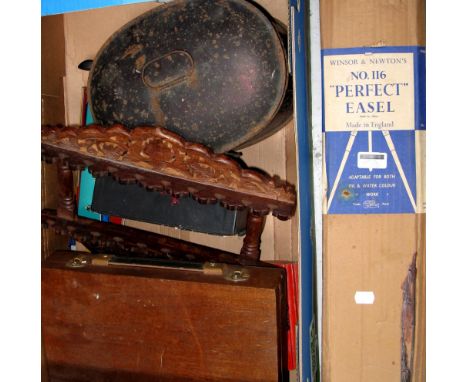 A collectors lot comprising an artists easel and paint set, a multicoloured music stand, a Victorian door knocker, an Indian 