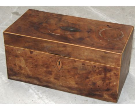 A late 19th century walnut tea caddy of rectangular form with glass mixing bowl and a hallmarked silver caddy spoon, Sheffiel