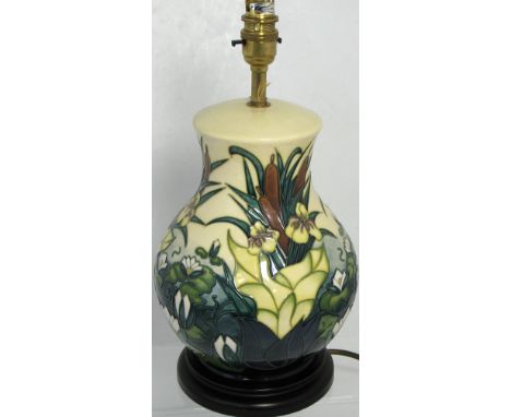 A contemporary Moorcroft cream ground Bulrush pattern lamp with original tag, height 37cm.