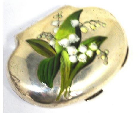 A Victorian hallmarked silver purse of oval form, the top set with enamel lily of the valley, London 1888, approx weight 1.7 