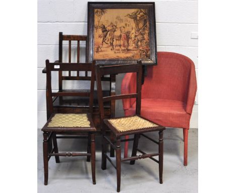 A mahogany commode, a Lloyd Loom style chair, a tapestry fire screen and two small bedroom chairs (5).