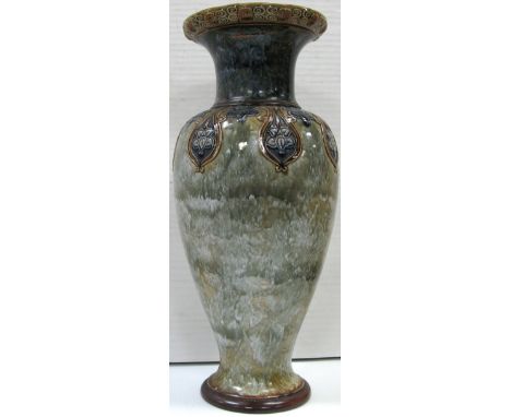 A Royal Doulton secessionist baluster vase, pale green and cream dip glaze with design to the top in blue and amber, converte