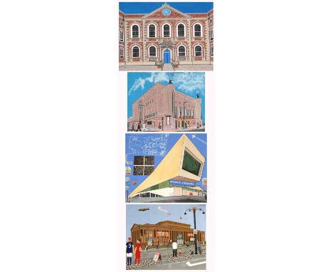 B HOWDEN; four acrylic pen and collage on canvas, Philharmonic Hall Liverpool, New Museum Liverpool, The Bluecoat, also an ac
