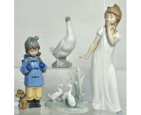 A Nao figurine of a young girl yawning, a young girl with her dog, a single goose and a group of three geese, height of the t