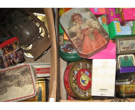 Two boxes of collectibles to include vintage tins, an oil lamp and Tetley wildlife collection cars etc.