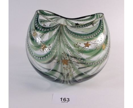 A circular glass vase with green, gilt and enamel decoration, pontil mark to base - 12cm tall