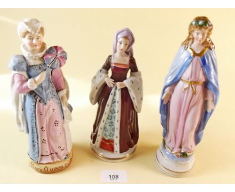 A Sitzendorf figure of Anne Boleyn, a continental figure of a woman and a figure of the Madonna.