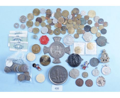 A miscellaneous group of tokens/medallions etc, coin reproductions, Kensitas tickets, Golden Shred enamel badges x 2, gaming 