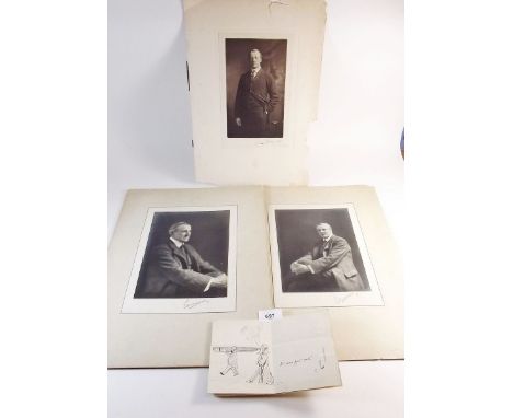Three signed portrait photographs of Sir Edward Marshall Hall, a signed caricature and autograph