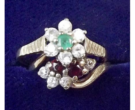 A 9 carat gold emerald and white stone cluster ring size M and a ruby and white stone ring size G