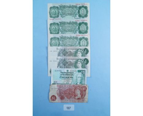 A quantity of Bank of England £1 green notes including cashier L K O'Brien pre-fix: C99L, X90J and Z66K 1955.  Pre-fix: A0659