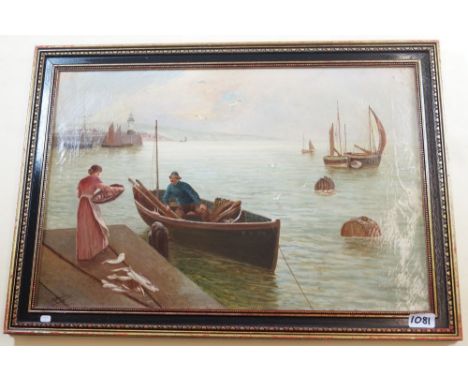R Douglas - oil on canvas - harbour scene with fisherman and woman with basket, 40 x 60cm