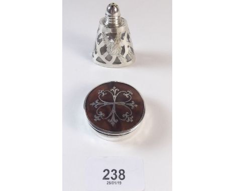 A silver and tortoiseshell small circular trinket box and a Mexican silver and glass pepper pot