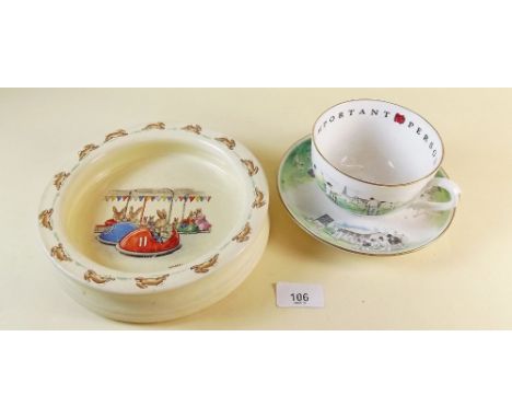 A Royal Doulton Bunnykins 'Bumper Car' baby dish and a Royal Worcester cricket breakfast cup and saucer