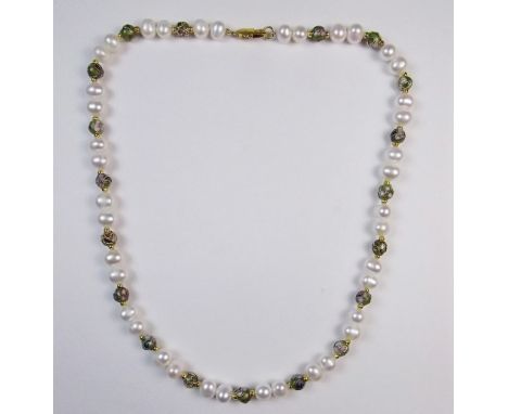 A freshwater pearl and green enamel necklace