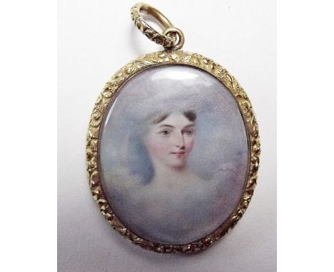 A 19th century portrait miniature of a woman amongst clouds mounted as a gilt metal framed pendant, 4.7 x 4cm 