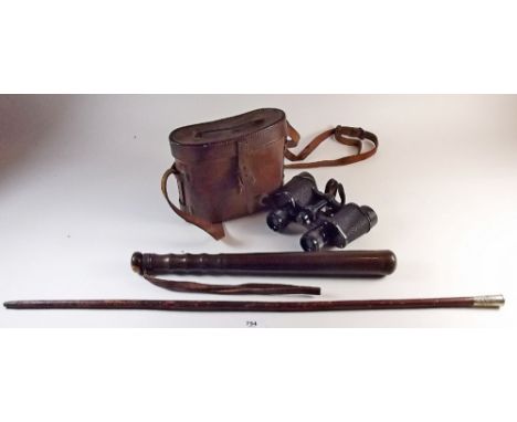 A Victorian City of London police truncheon, a pair of binoculars in Air Ministry matched case and a swagger stick