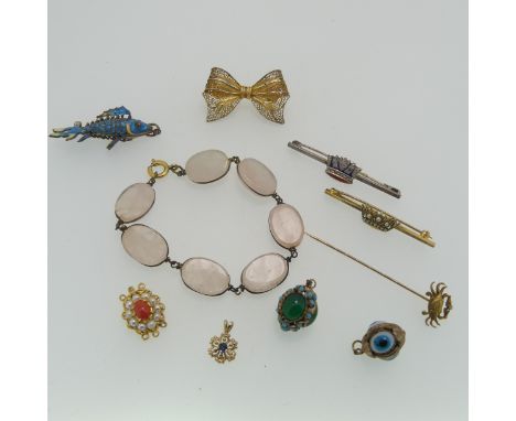 A 9ct yellow gold Bar Brooch, the centre with a seed pearl set naval Crown, 5cm long, 3.2g, together with a silver and enamel