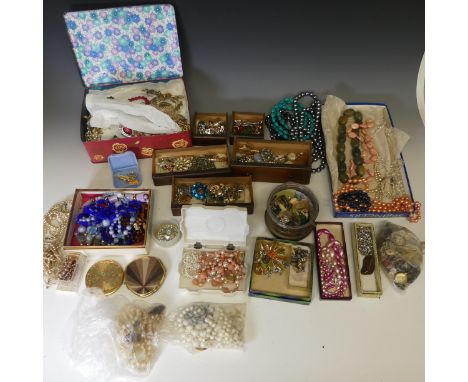 A quantity of vintage Costume Jewellery,&nbsp;including bead necklaces, paste brooches, faux pearls, compacts etc., contained