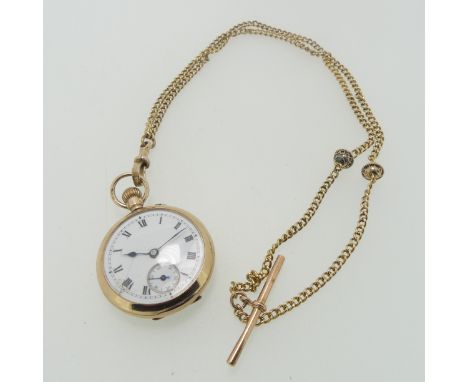 A 9ct gold Fob Watch, with damaged white enamel dial and Roman Numerals, manual wind, the rear cover monogrammed, 3cm diamete