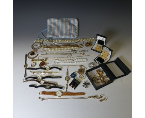 A small quantity of Costume Jewellery, and quartz wristwatches, including gilt metal chains, paste brooches, enamel etc., (a 