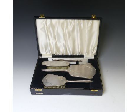 An Elizabeth II cased silver mounted Dressing Table Set, by&nbsp;W G Sothers Ltd., the hand mirror and smaller brush hallmark