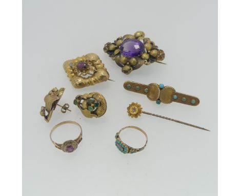 An antique turquoise set Brooch, 5.4cm long, with metal pin reverse, unmarked, tests as 15ct gold, total weight 6.5g, togethe