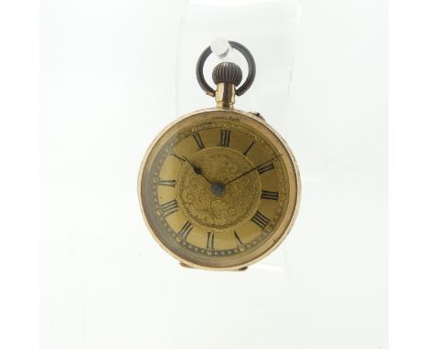 A Continental 14k yellow gold Fob Watch, with scrolling foliate decoration, gilt dial with Roman Numerals, gilt metal inner b