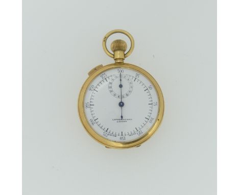 An 18ct gold open face keyless Stop Watch, Swiss movement, with 18ct cuvette cover, the white enamel dial signed Lawrence &am