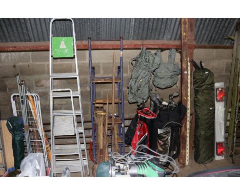 A&nbsp;bundle of long handled gardening tools together with a wooden and metal step ladder