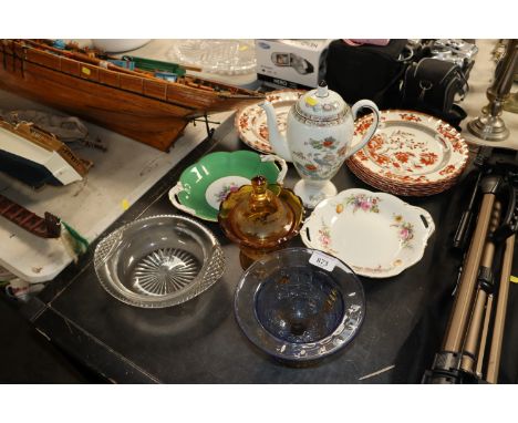 A collection of Copeland Spode china rose pattern dinner plates, a coffee pot AF, amber glass jar and cover etc