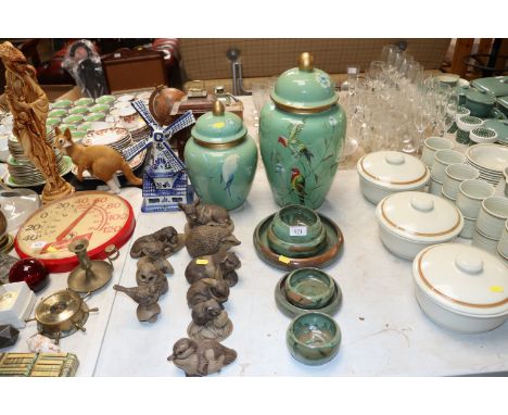 Two large bird decorated pottery vases and various other pottery items, Poole Pottery animals etc