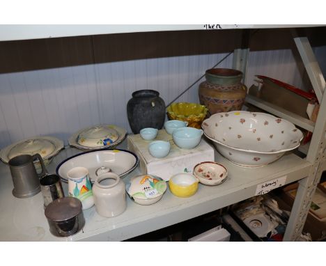 A large rose decorated toilet bowl, pottery vases, art deco tureens, Clarice Cliff patterned toilet ware, Nigella Lawson meas