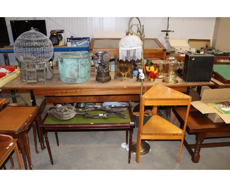 A teak two tier corner shelf, a lamp with fringed glass shade and a coffee table