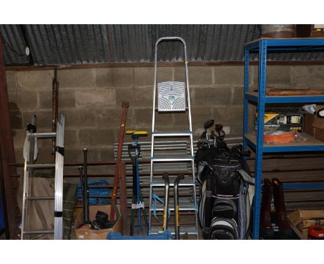 Two ladder spurs and an aluminium step ladder