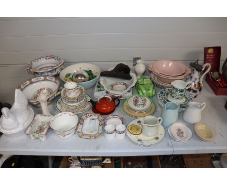 A large quantity of various Victorian and later china, to include a tureen, Imari pattern jug with pewter lid, racing car tea