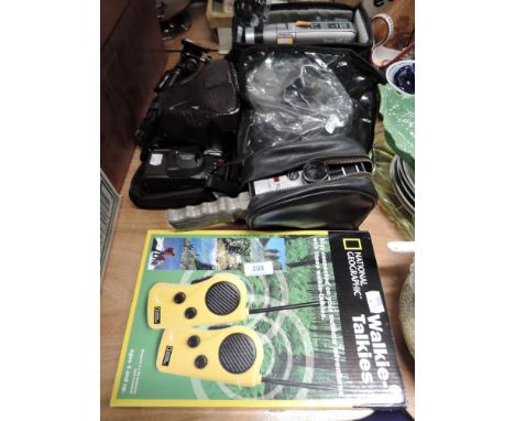 A vintage cine camera, walkie talkie set, cameras etc