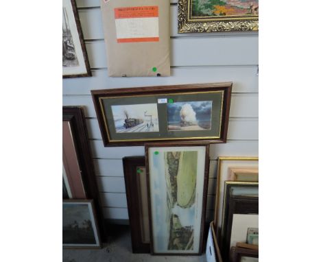 A framed carriage print after Edward Lawson, River Spey, a framed print Lady Henderson loco and tender, a pair of framed prin