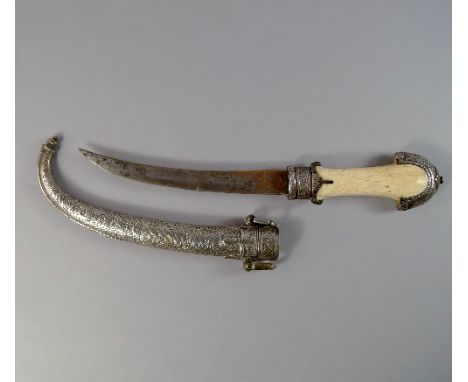 An Indo-Persian white metal mounted and bone Jambiya with scabbard 19th Century, the scabbard and bone handle mounts overall 