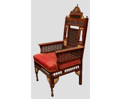 A Moorish geometric marquetry, bone and mother of pearl inlaid chair, 19th century, with beaded back architectural inlaid, el