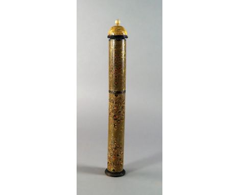 A Turkish cylindrical qualandam, 19th century, with domed lid and ivory finial, with pounce pot to interior, in two sections,