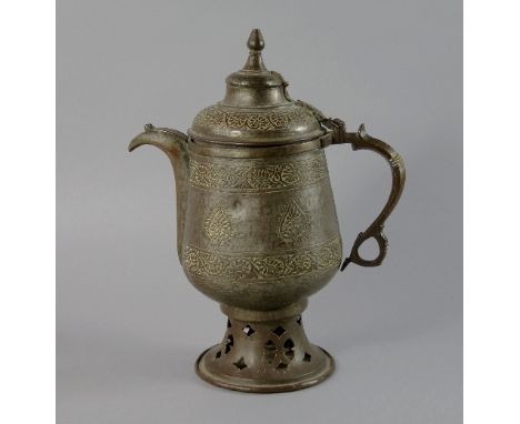 A Qajar high-tin on copper tea kettle on stand, 19th century, overall decorated with bands of scrolling foliage, on pierced s