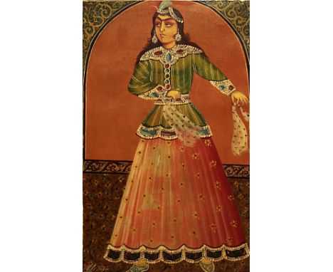 A Qajar painting of a Persian woman, late 19th/early 20th century, depicted dressed in a green bejewelled and embroidered jac