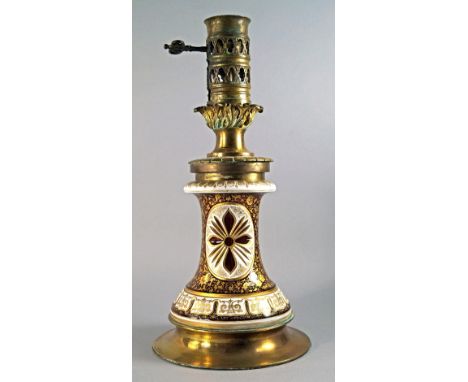 A Bohemian glass and brass oil lamp base, 19th century, possibly made for the Persian market, the main body painted with an o