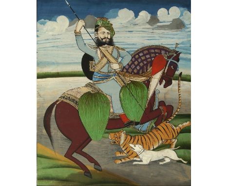An Indian miniature portrait painting of a Sikh noble hunting tiger on horseback, opaque watercolour on paper, late 19th cent