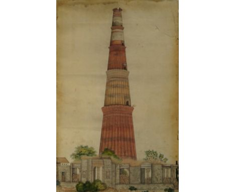 An Indian painting of the Qutub Minar, opaque watercolour on paper, 19th Century, 37.5cm high x 24cm wide

Notes: the buildin