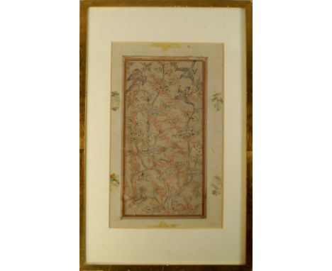 A Mughal ink drawing of birds amidst trees, 19th/early 20th century, enriched with gilt and applied paper calligraphy, within